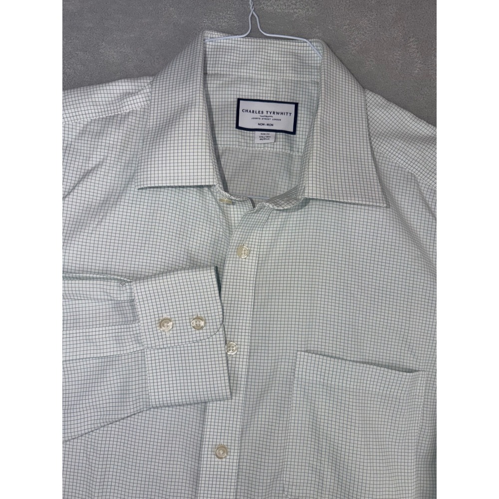 Charles Tyrwhitt Mens 17.5X36 Slim Fit Non-Iron Dress Shirt Green White Grid